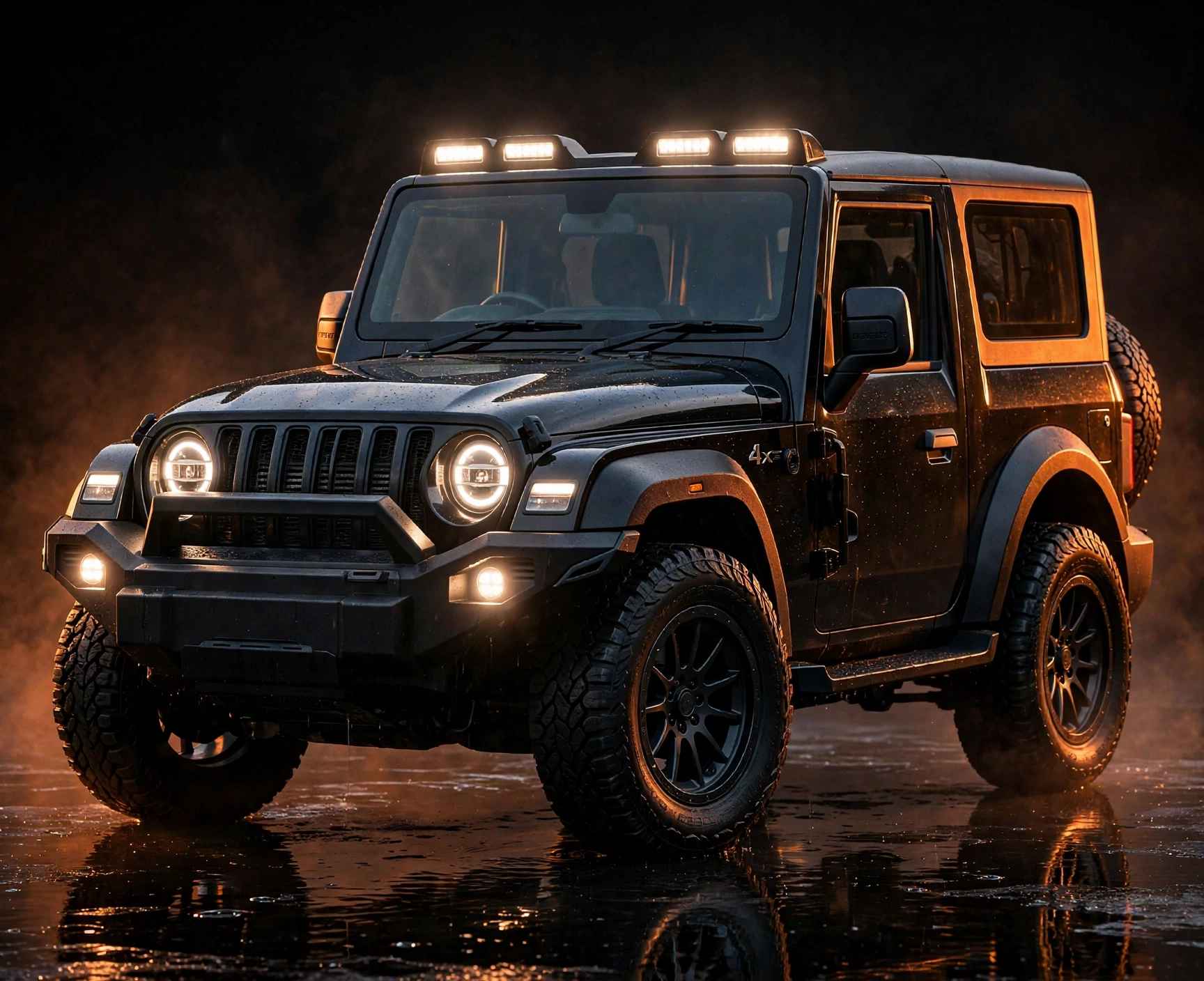 Black Mahindra Thar in orange fog on wet ground