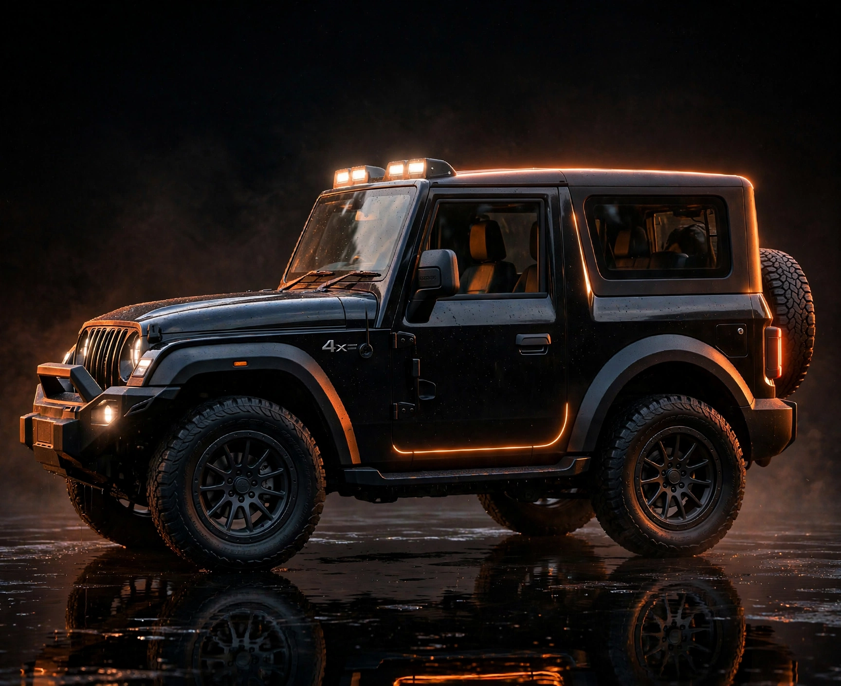 Side view of the black Thar with an orange glow along its edges